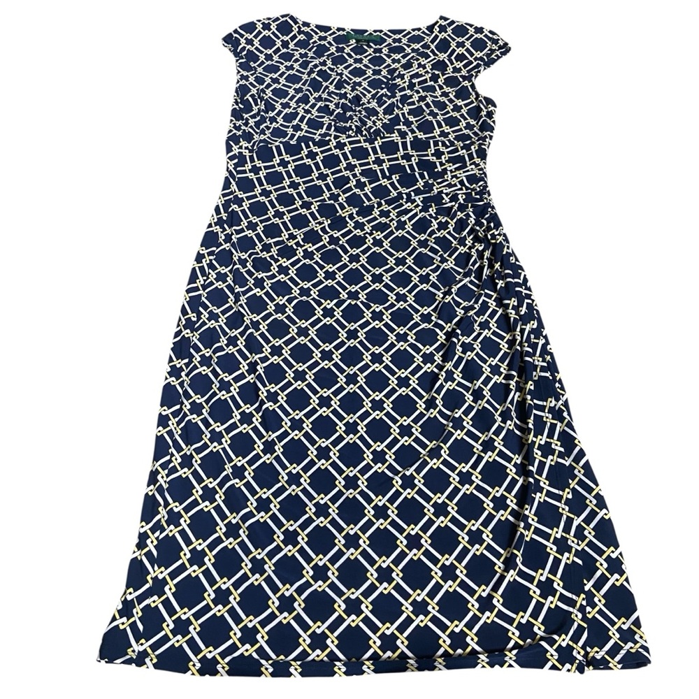 Lauren Ralph Lauren Navy Yellow White Chain Link Shirred Stretch Sheath Dress 10